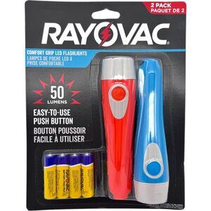 2 Pack Rayovac Comfort Grip LED Flashlights 50 Lumen 15h Runtime Multicolor